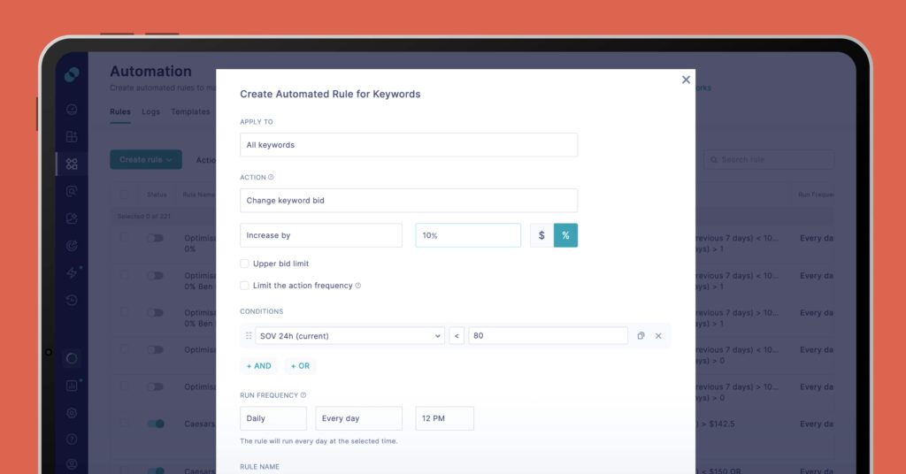 Automated rule creation window from SplitMetrics Acquire